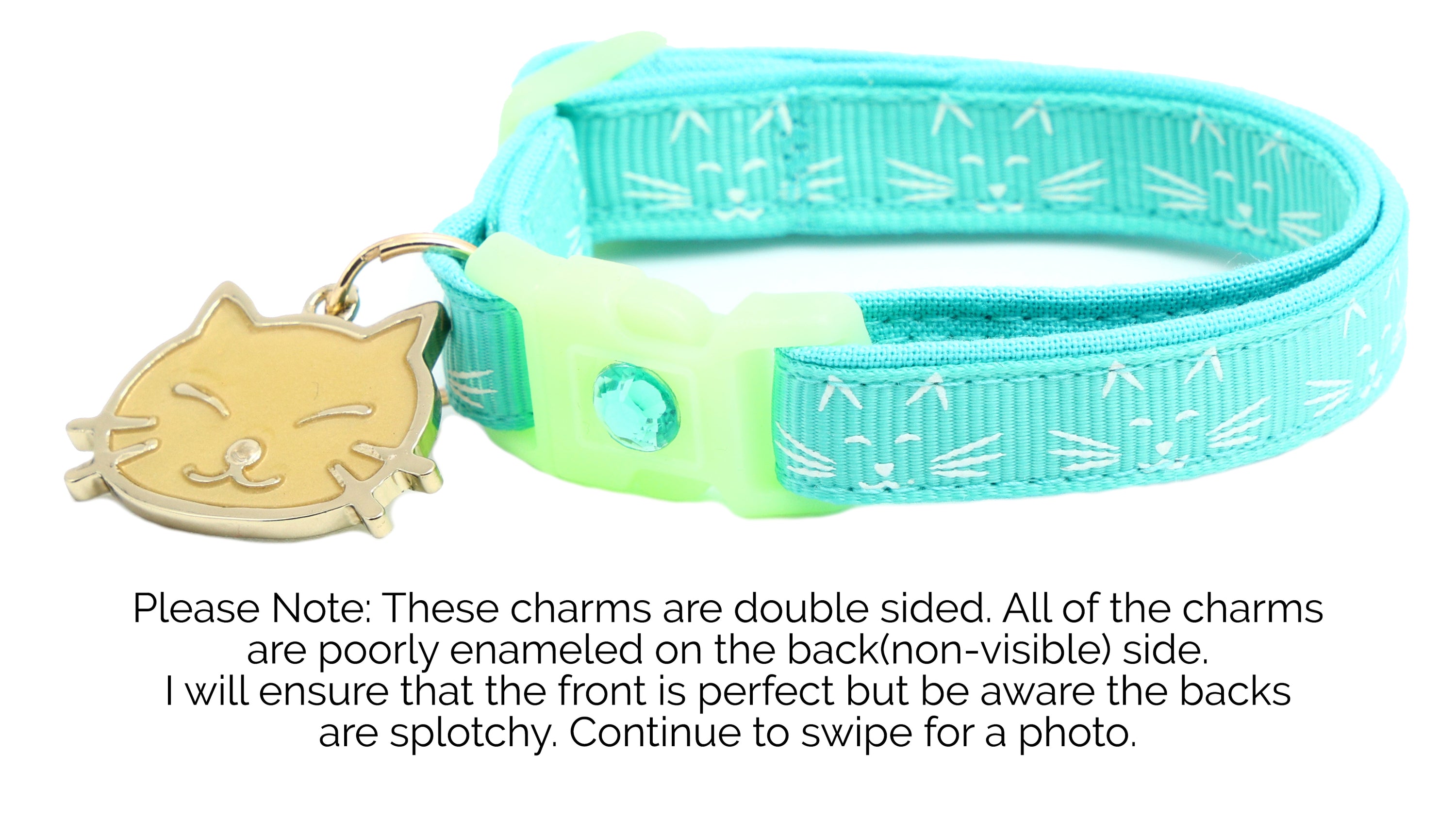 A glowing cat faces breakaway collar made of reinforced cotton, featuring a bell and charm, perfect for nighttime visibility.